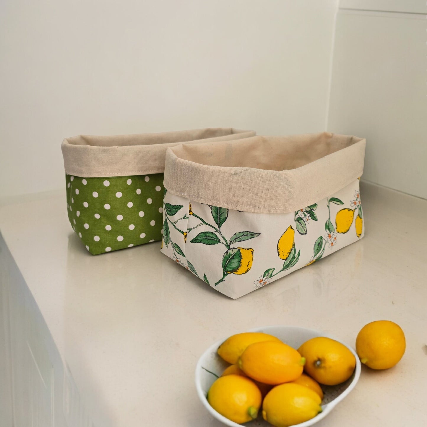 Italian Style Lemon pattern Fabric Basket with Canvas Lining. Bread Basket, Reversible Fabric Basket, Eco-Friendly Organiser, Home Decor