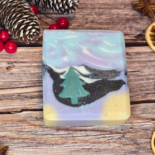 Pre Order - Winter Soap Handcrafted Festive Soap with Mistletoe Spice Fragrance and Pine Tree Design 130g for Cold Weather Seasonal Use