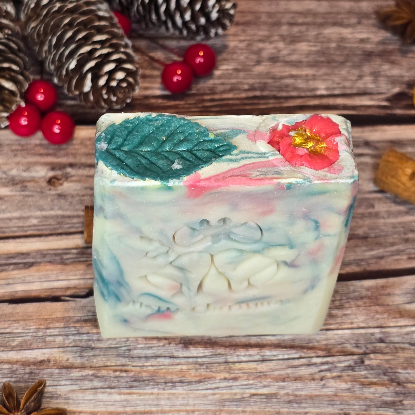 Pre Order - Holly Christmas Handcrafted Natural Soap with Festive Design and Merry Christmas Embossment Ricinus Communis Seed Oil 130g Ideal Gift