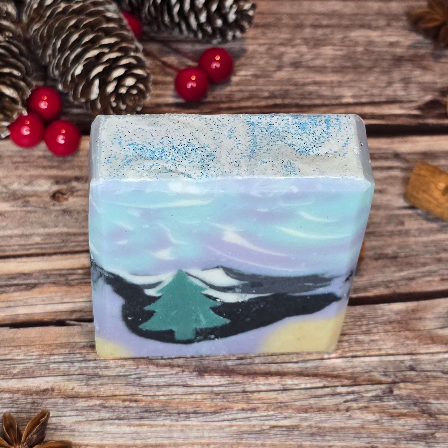 Pre Order - Winter Soap Handcrafted Festive Soap with Mistletoe Spice Fragrance and Pine Tree Design 130g for Cold Weather Seasonal Use