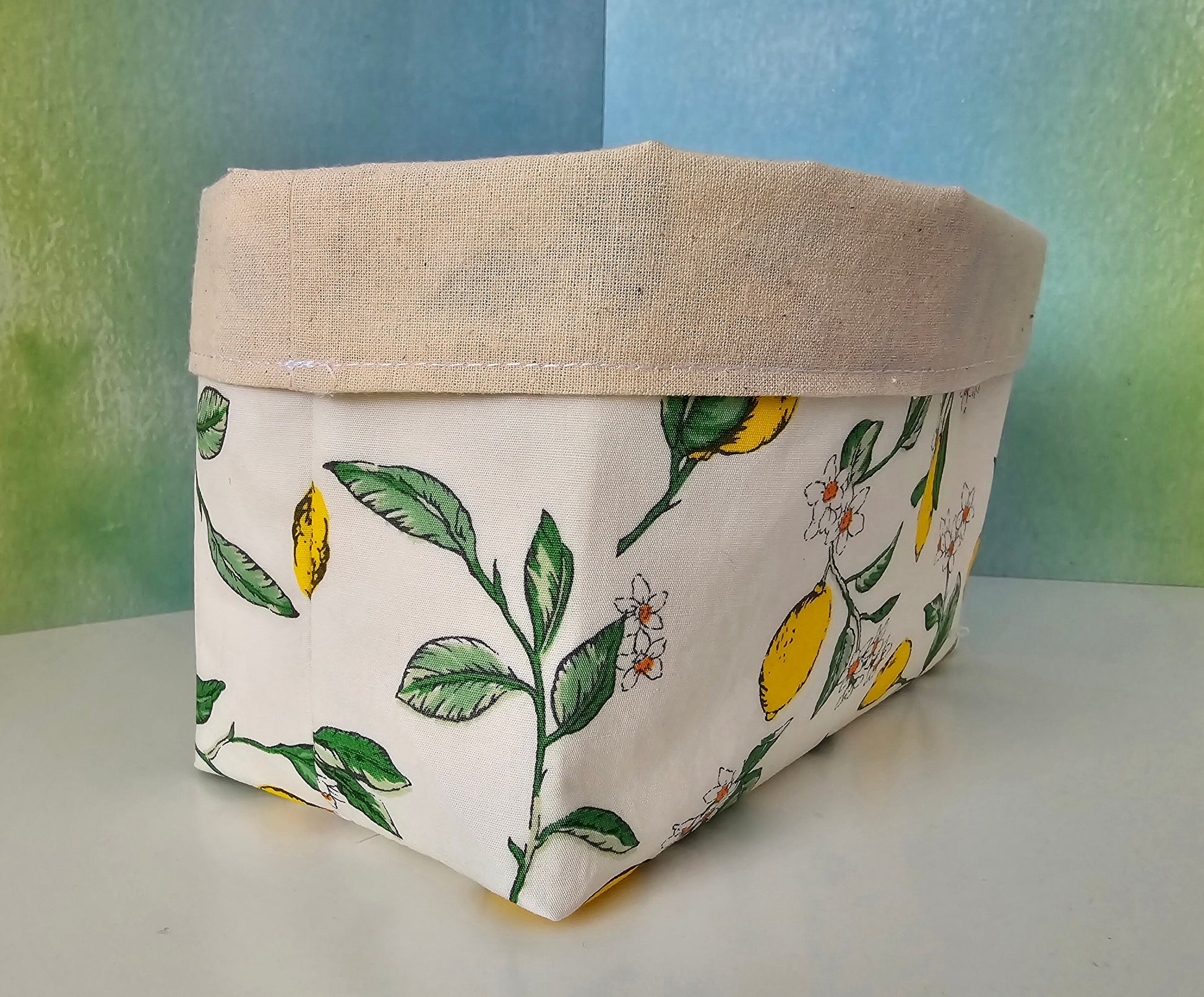 Italian Style Lemon pattern Fabric Basket with Canvas Lining. Bread Basket, Reversible Fabric Basket, Eco-Friendly Organiser, Home Decor
