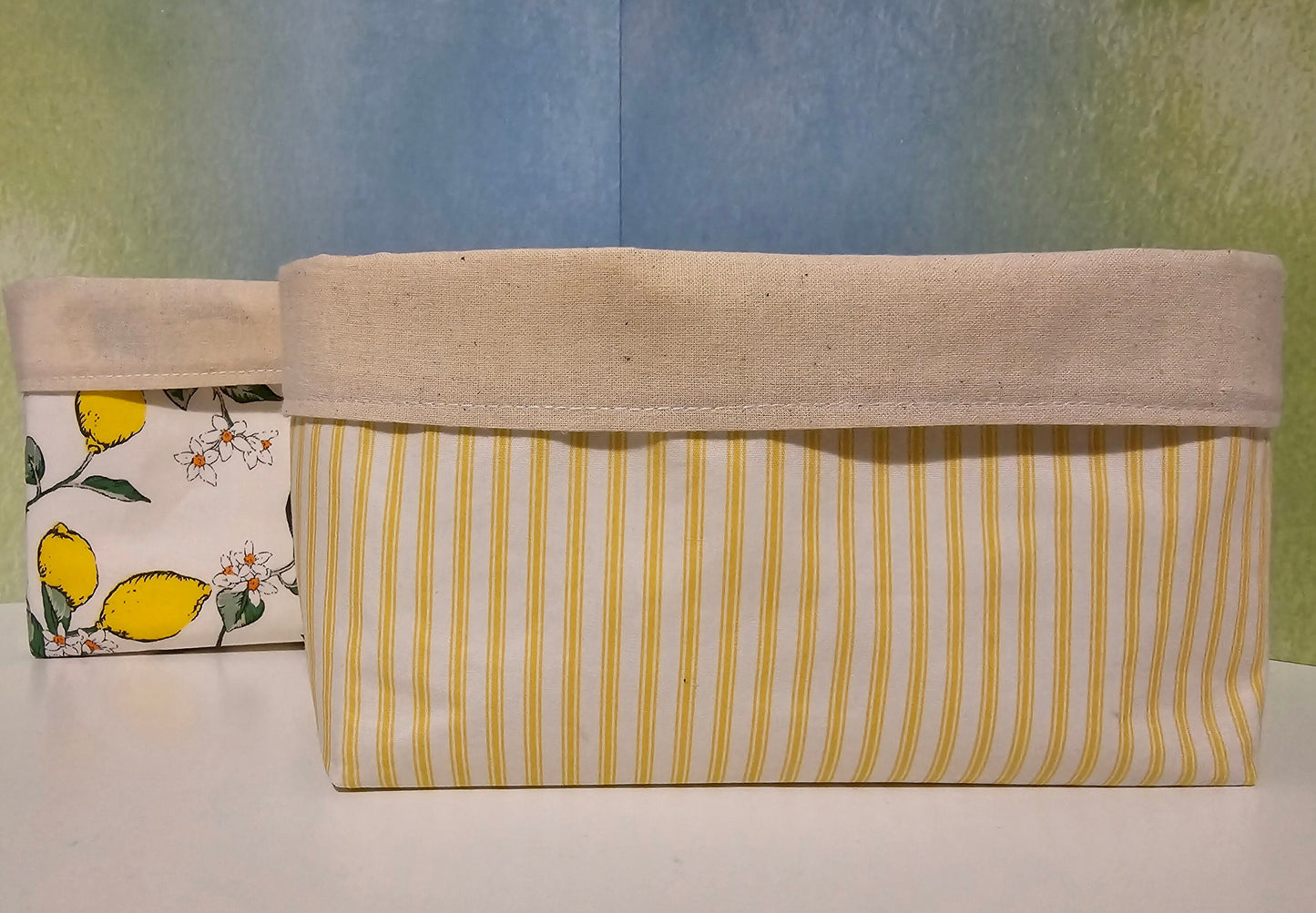 Yellow Striped pattern Fabric Basket with Canvas Lining. Bread Basket, Reversible Fabric Basket, Eco-Friendly Organiser, Home Decor