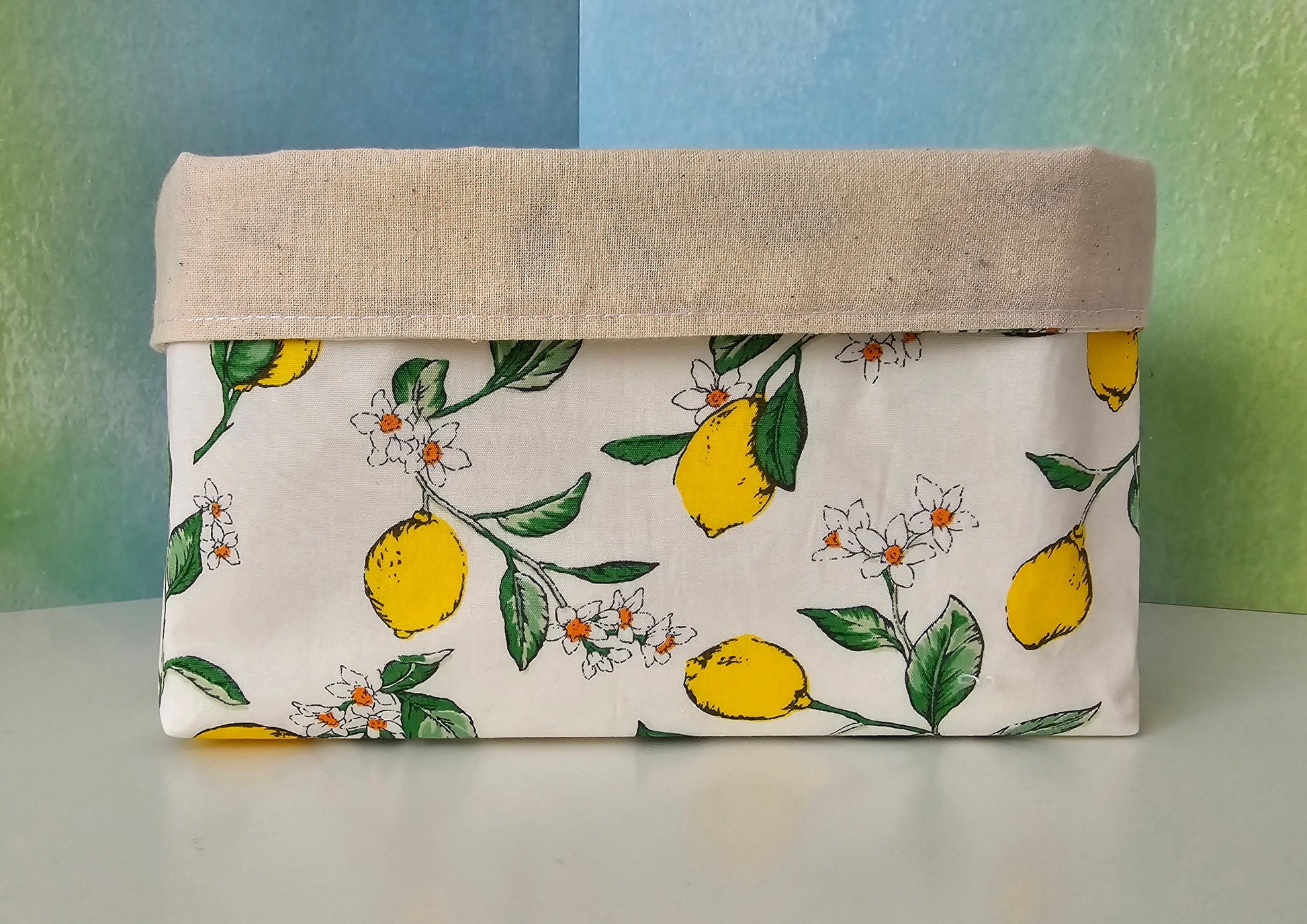 Italian Style Lemon pattern Fabric Basket with Canvas Lining. Bread Basket, Reversible Fabric Basket, Eco-Friendly Organiser, Home Decor