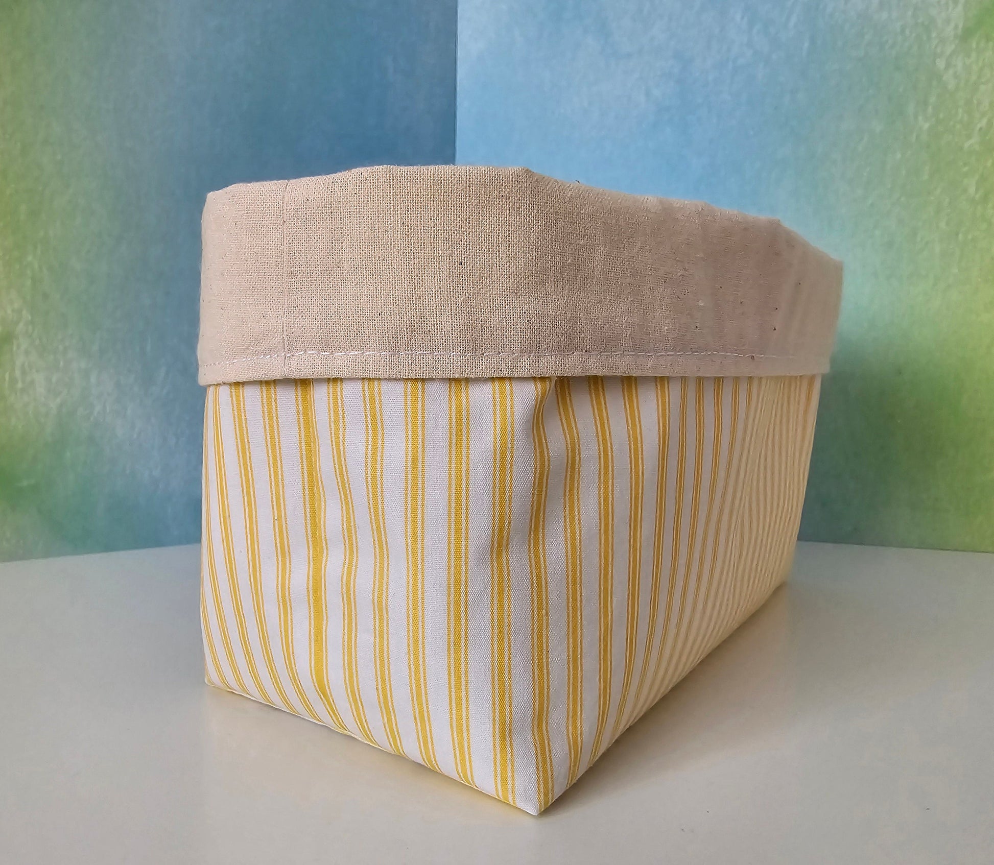Yellow Striped pattern Fabric Basket with Canvas Lining. Bread Basket, Reversible Fabric Basket, Eco-Friendly Organiser, Home Decor