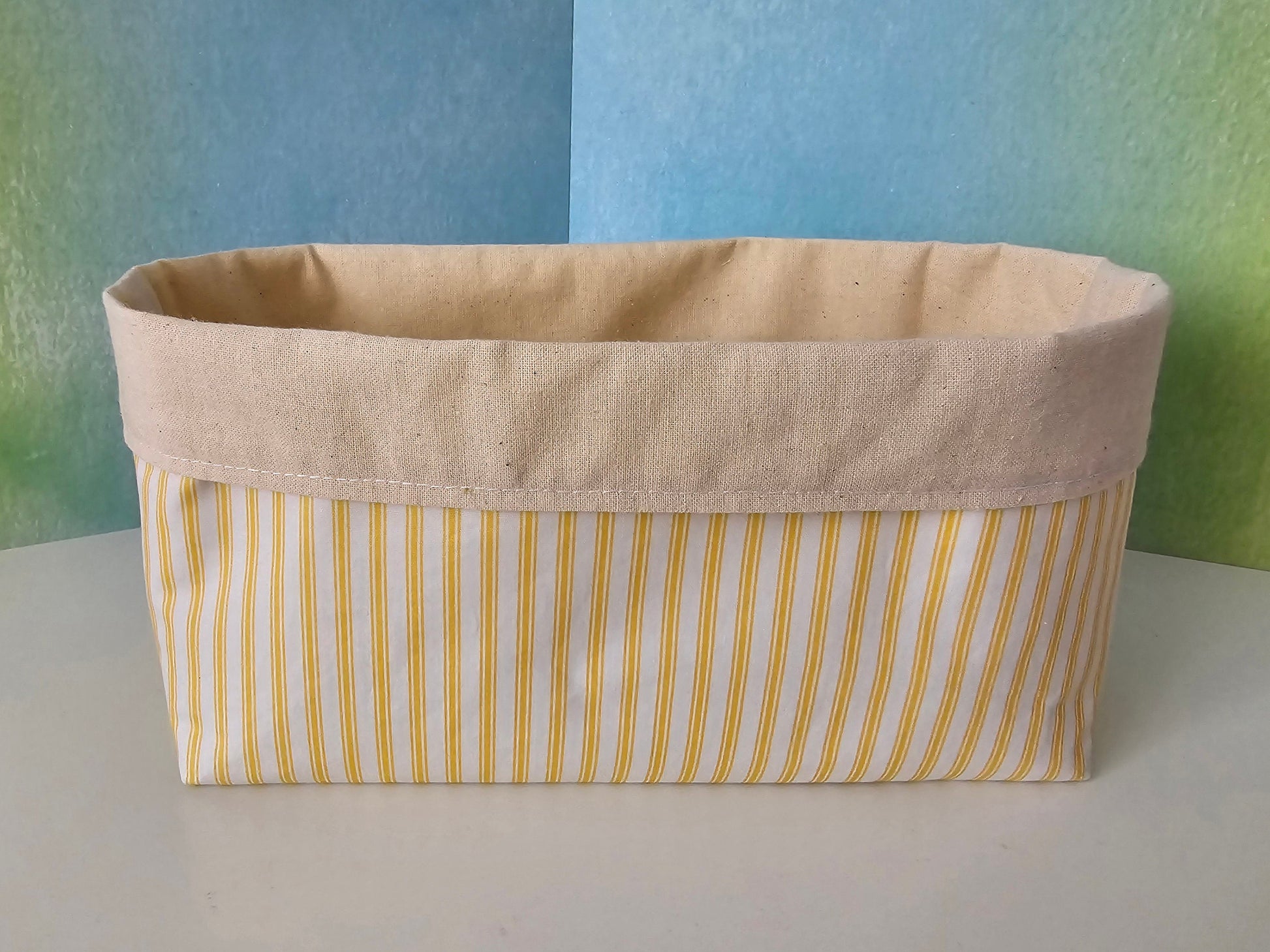 Yellow Striped pattern Fabric Basket with Canvas Lining. Bread Basket, Reversible Fabric Basket, Eco-Friendly Organiser, Home Decor