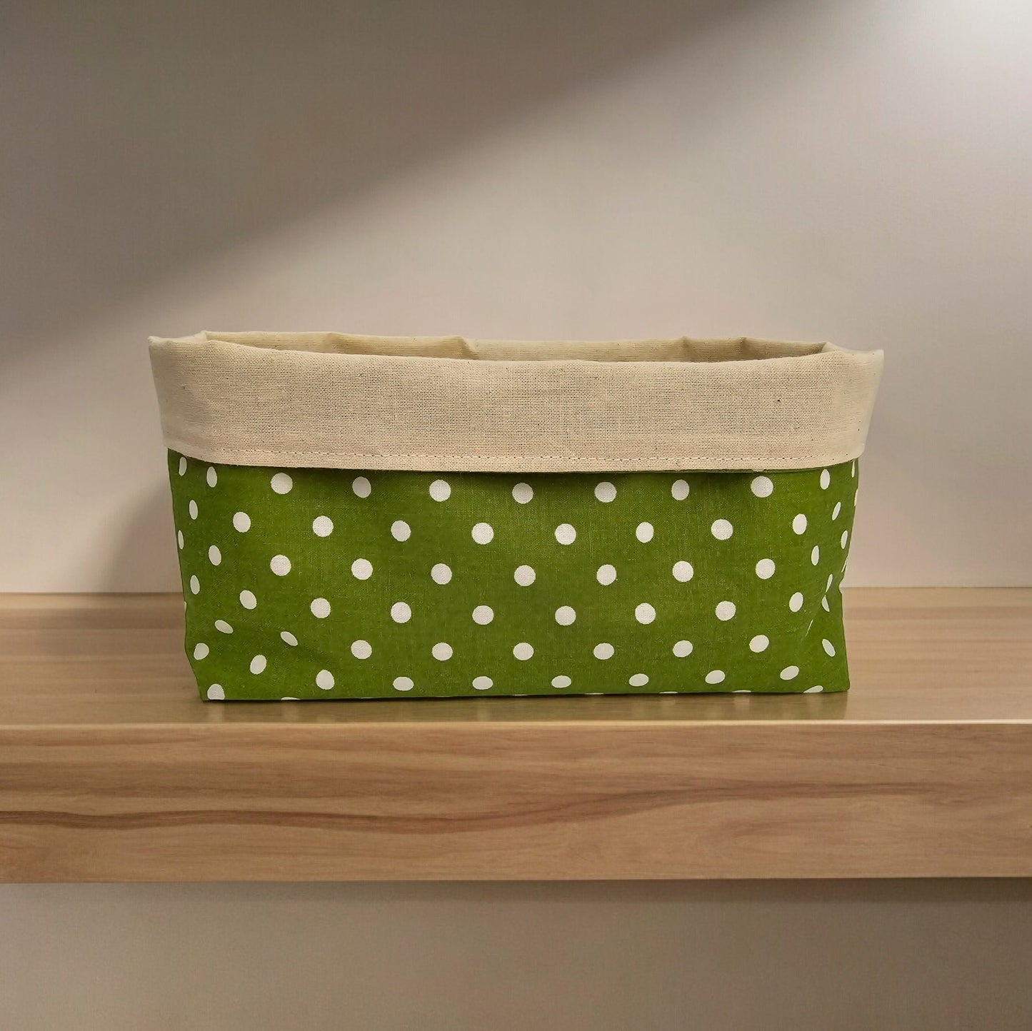 Polka dot pattern Fabric Basket with Canvas Lining. Bread Basket, Reversible Fabric Basket, Eco-Friendly Organiser, Home Decor Green