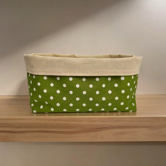 Polka dot pattern Fabric Basket with Canvas Lining. Bread Basket, Reversible Fabric Basket, Eco-Friendly Organiser, Home Decor Green