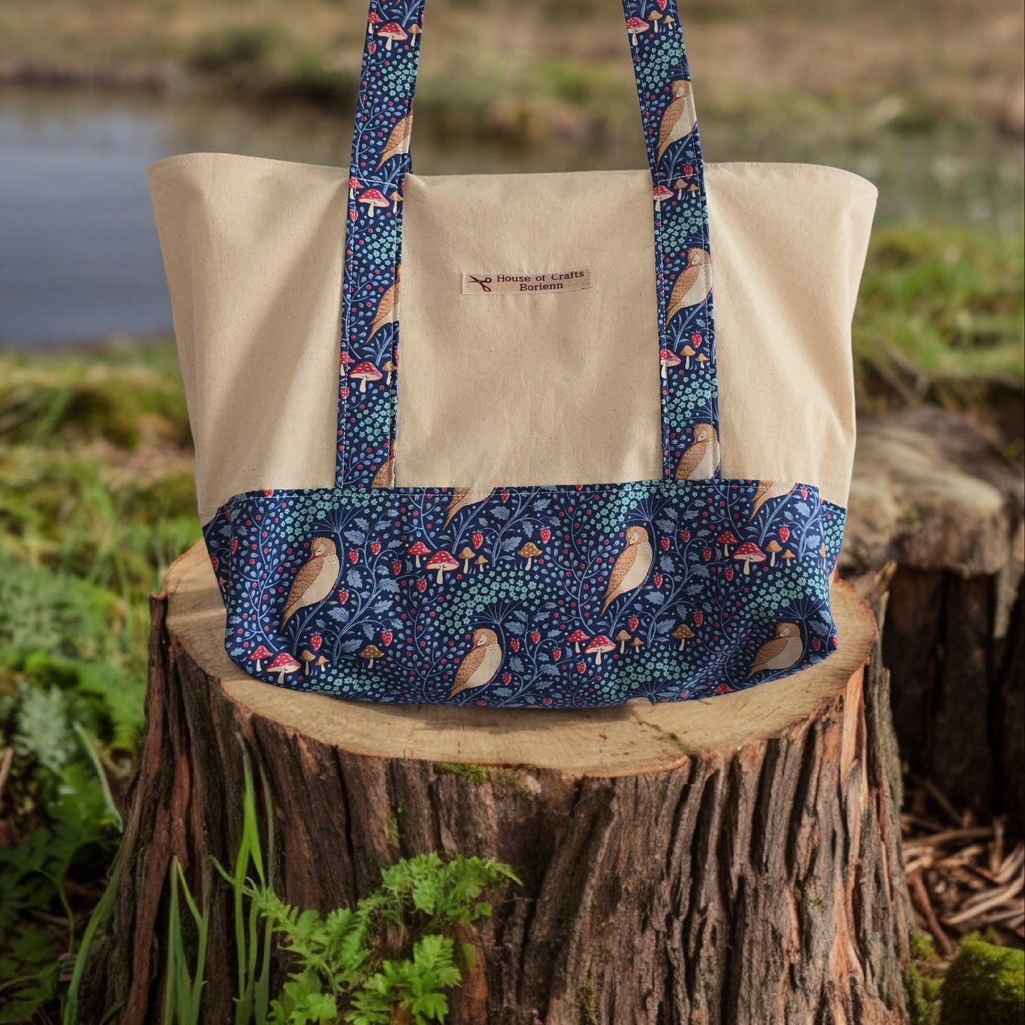 Long Handled Tote Bag with premium William Morris bird pattern fabric, lined, lightweight tote bag, shoulder bag, travel accessories, in more colours