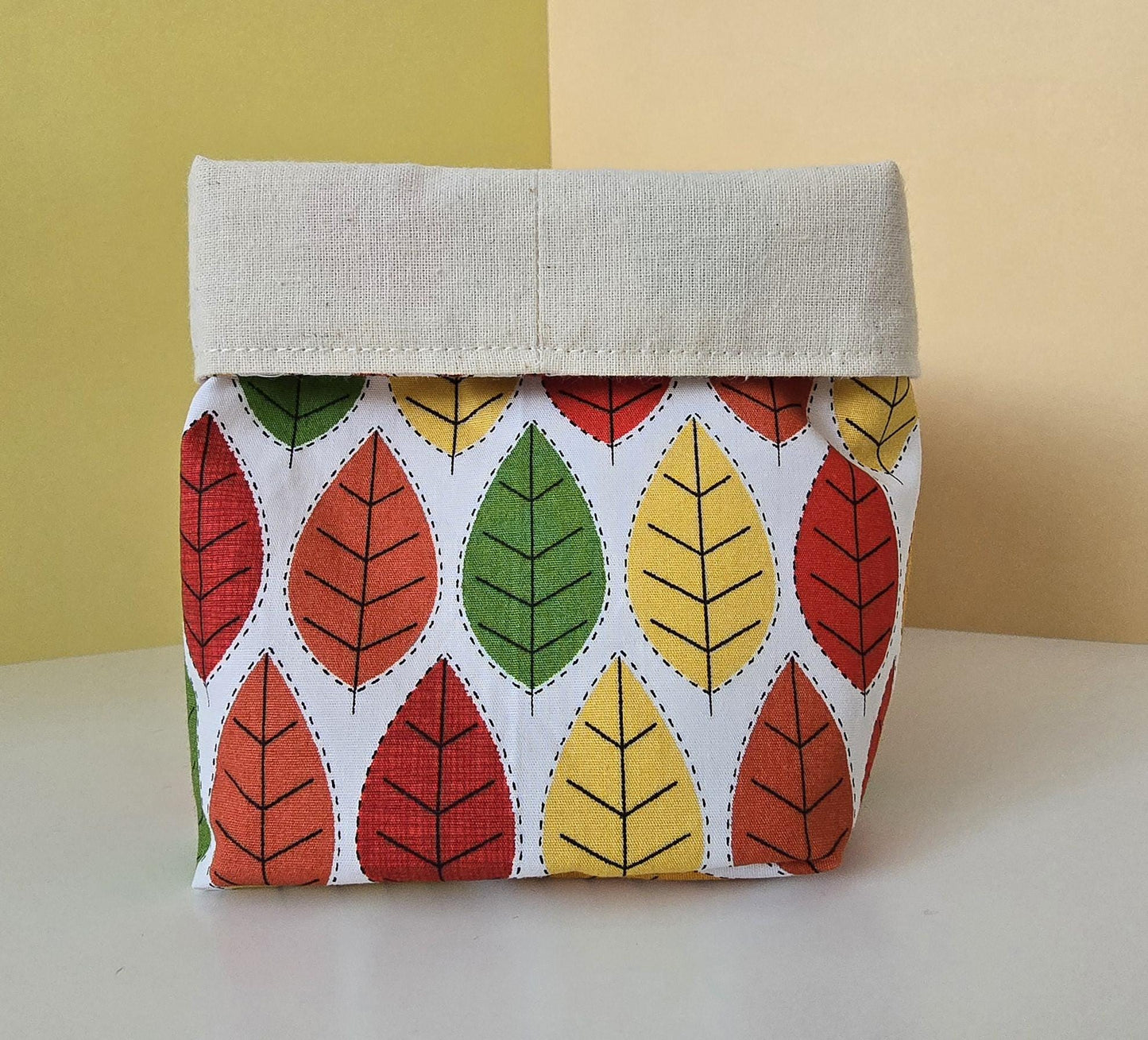 Autumn leaves pattern Fabric Basket with Canvas Lining. Bread Basket, Reversible Fabric Basket, Eco-Friendly Organiser, Home Decor
