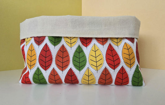 Autumn leaves pattern Fabric Basket with Canvas Lining. Bread Basket, Reversible Fabric Basket, Eco-Friendly Organiser, Home Decor