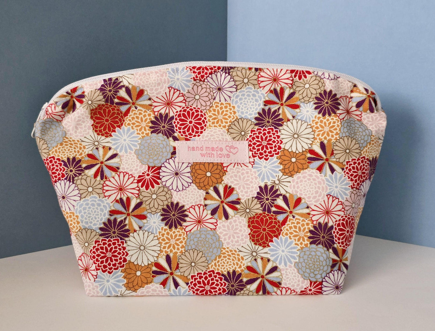 Japanese Traditional Floral Kimono Cotton Fabric makeup bag, toiletries bag, cosmetic bag, make up bag, handcrafted cosmetic bag,