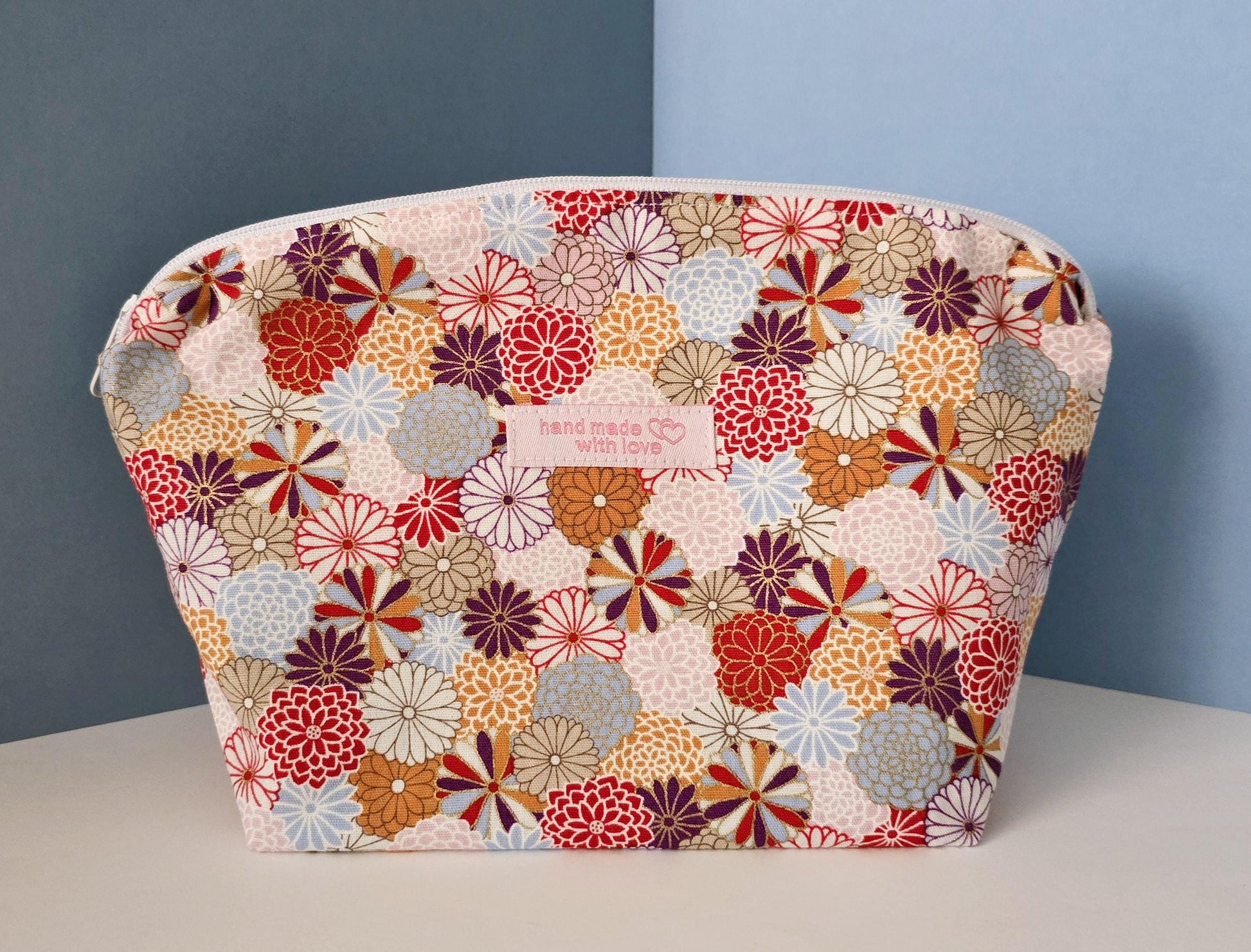 Japanese Traditional Floral Kimono Cotton Fabric makeup bag, toiletries bag, cosmetic bag, make up bag, handcrafted cosmetic bag,
