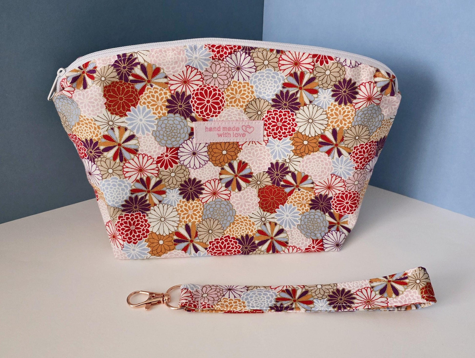Japanese Traditional Floral Kimono Cotton Fabric makeup bag, toiletries bag, cosmetic bag, make up bag, handcrafted cosmetic bag,